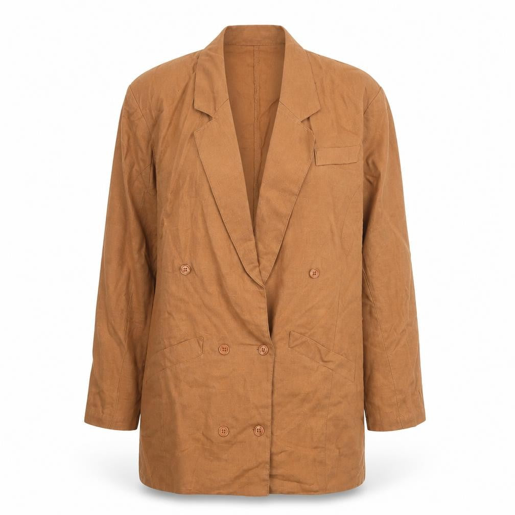 KIT Women Brown Linen Blend Double-Breasted Long Blazer Size 16