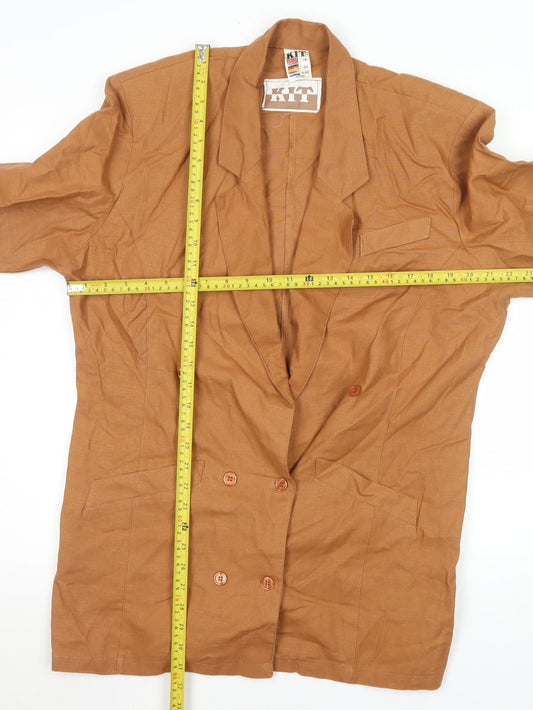 KIT Women Brown Linen Blend Double-Breasted Long Blazer Size 16