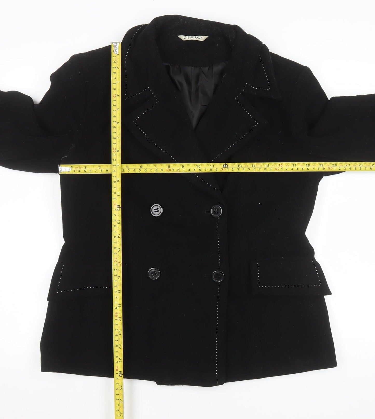 George Women’s Black Wool Blend Pea Coat UK 14 Button Mid-Length Jacket