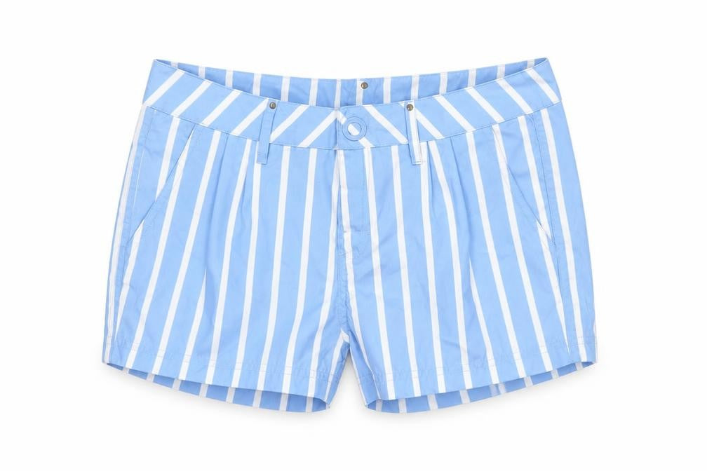 Front view of O'Neill Women's Blue Striped Chino Shorts, size 8, Polyester Summer
