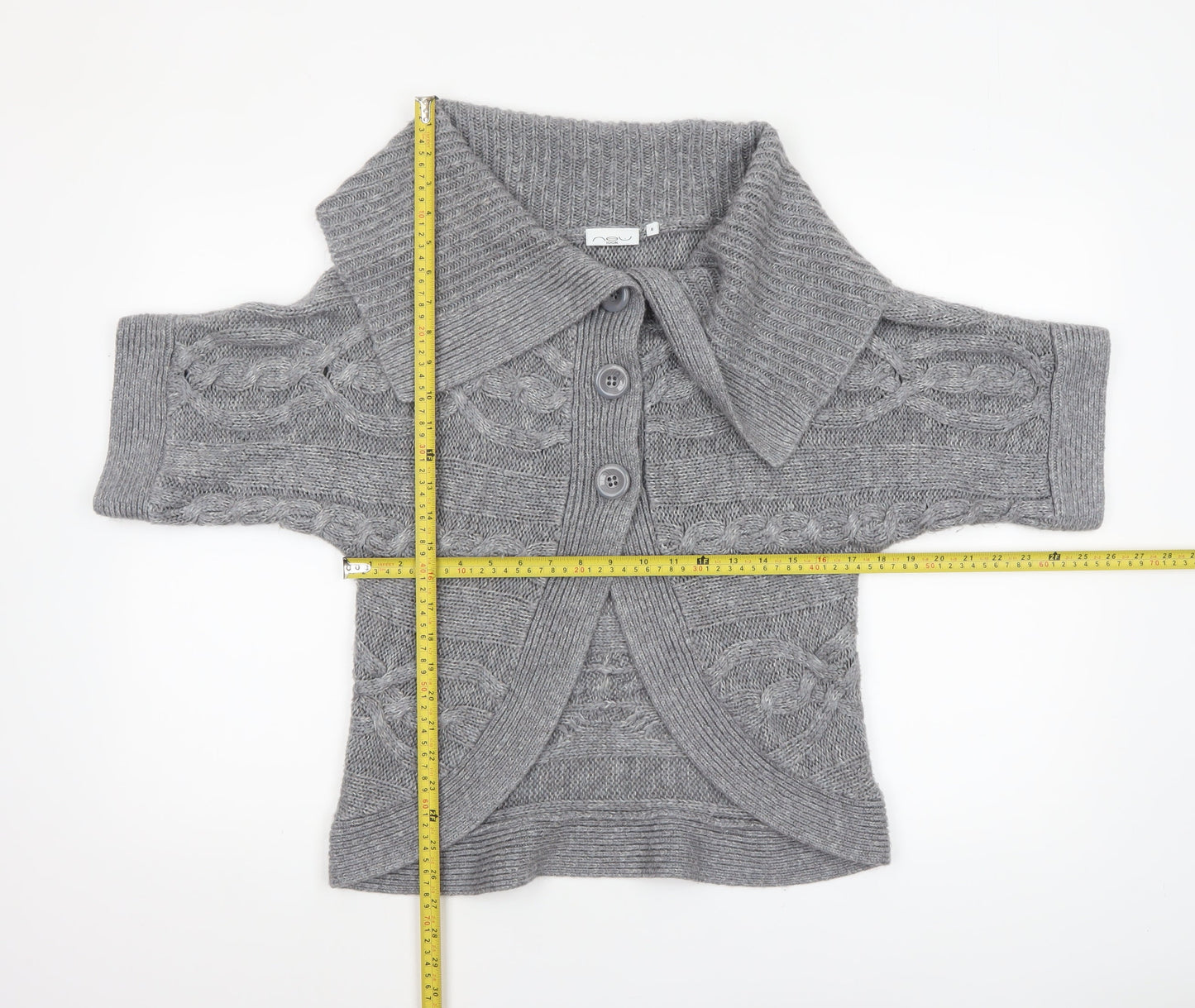 New Look Women’s Grey Cable-Knit Short Sleeve Collared Cardigan Size 8