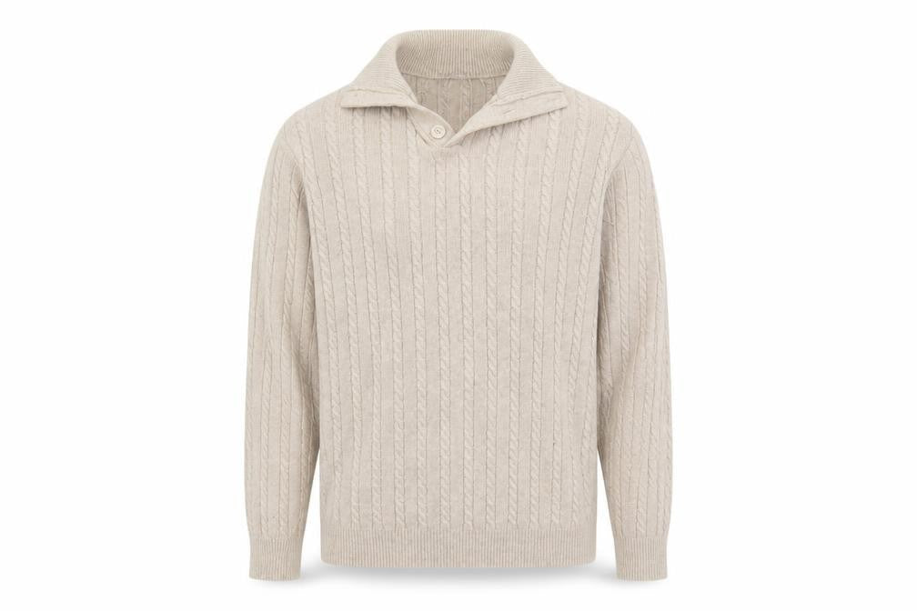 Front view of Jaeger Men's Beige Cable-Knit Wool Collar jumper M