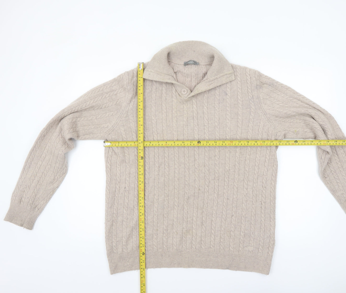 Jaeger Men's Beige Cable-Knit Wool Collar Pullover Jumper M