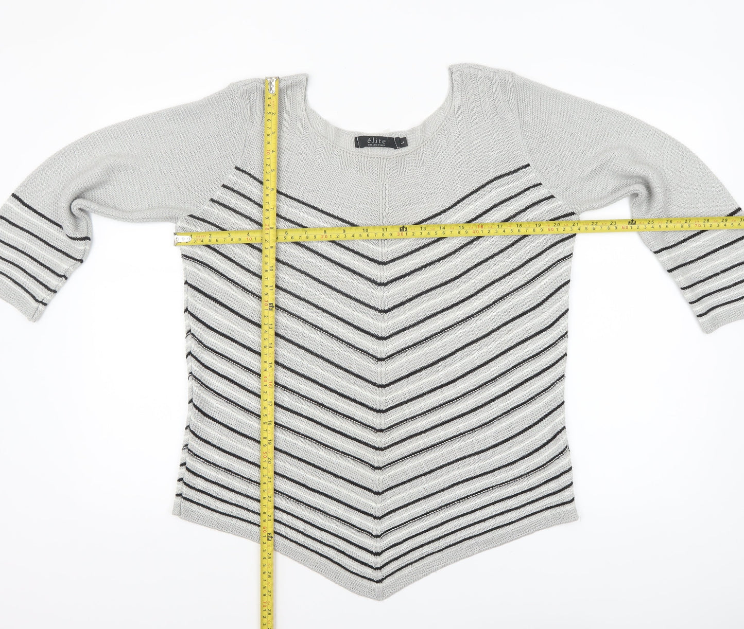 Elite Collection Women Grey Striped 3/4 Sleeve Pullover Jumper Size L