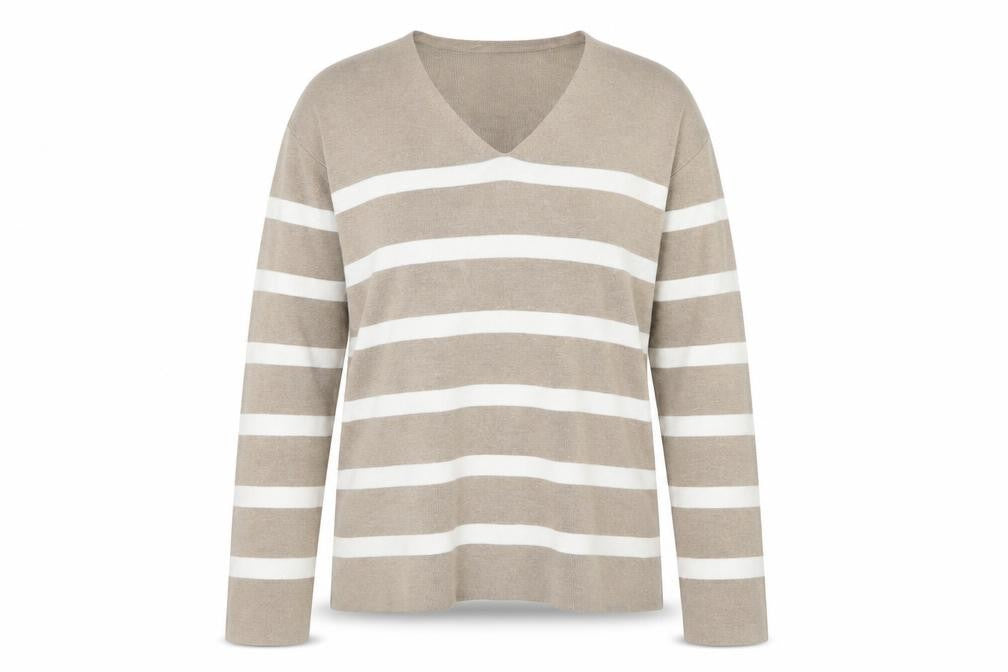 Marks and Spencer Women’s Beige Striped V-Neck Cotton Jumper M