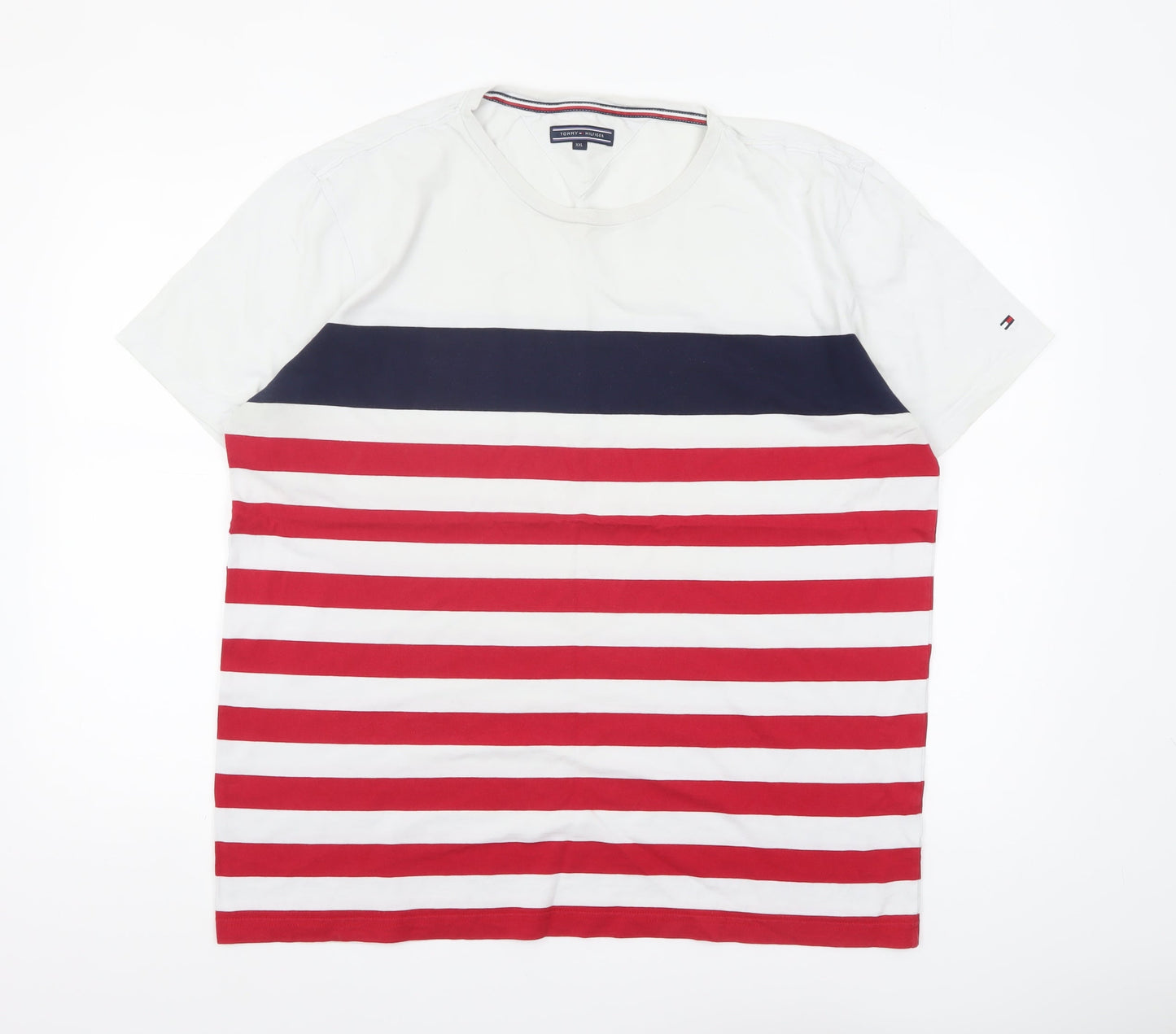 Tommy Hilfiger Men's White Red Blue Striped Crew Neck T-Shirt XXL