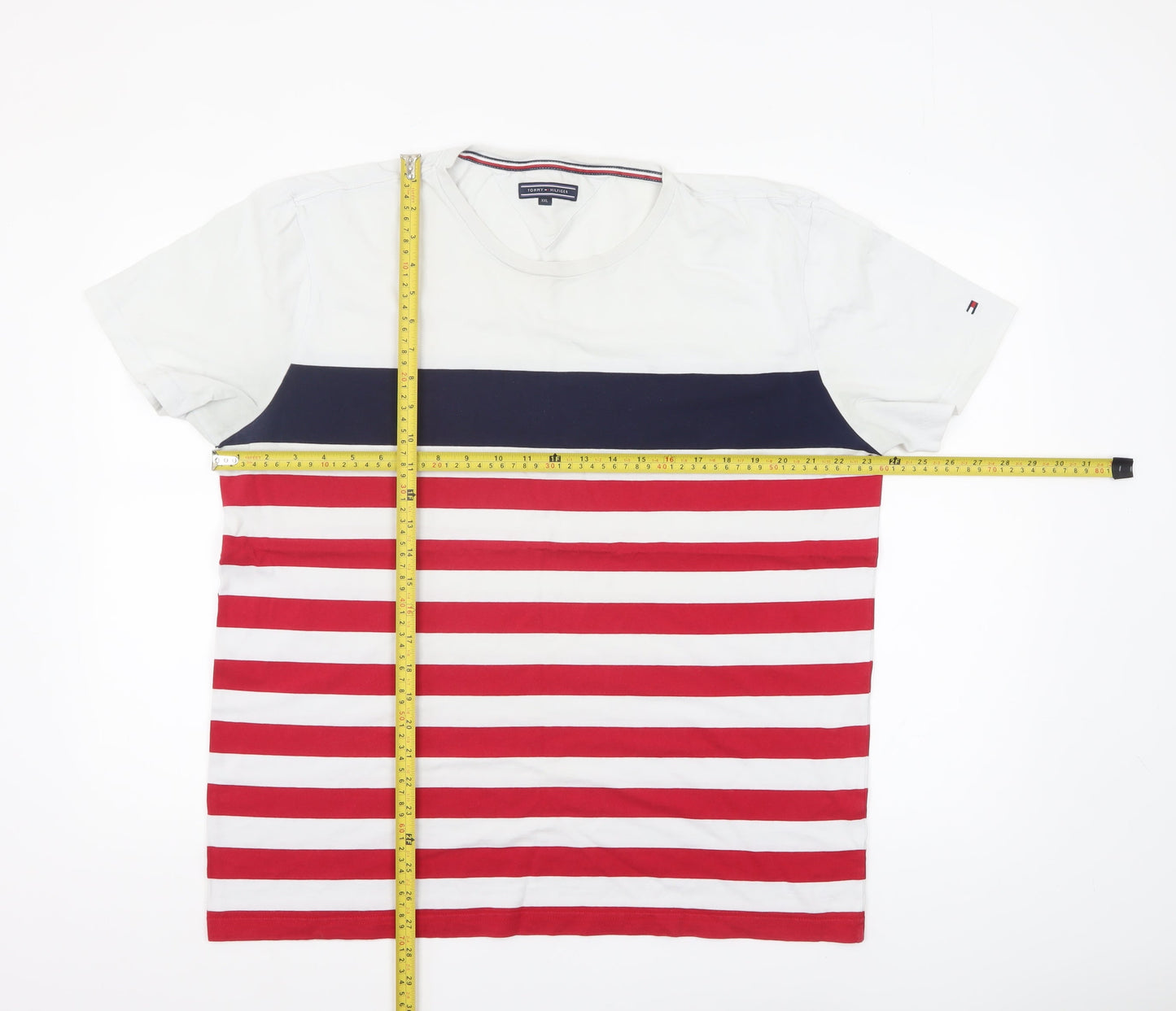 Tommy Hilfiger Men's White Red Blue Striped Crew Neck T-Shirt XXL
