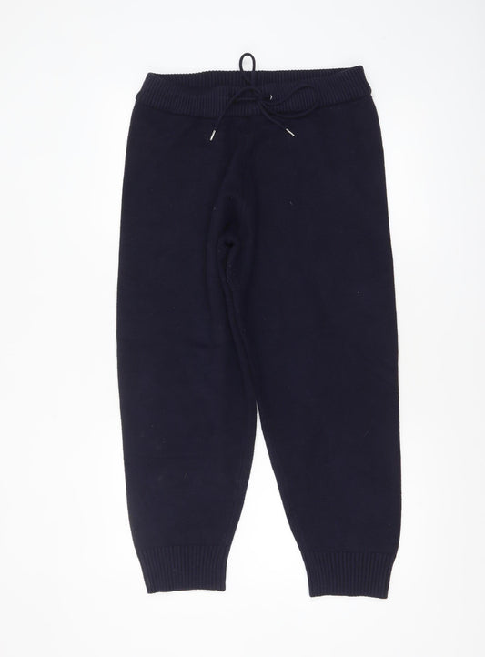 Zara Women Blue Knit Jogger Trousers L Comfy Winter Viscose Blend