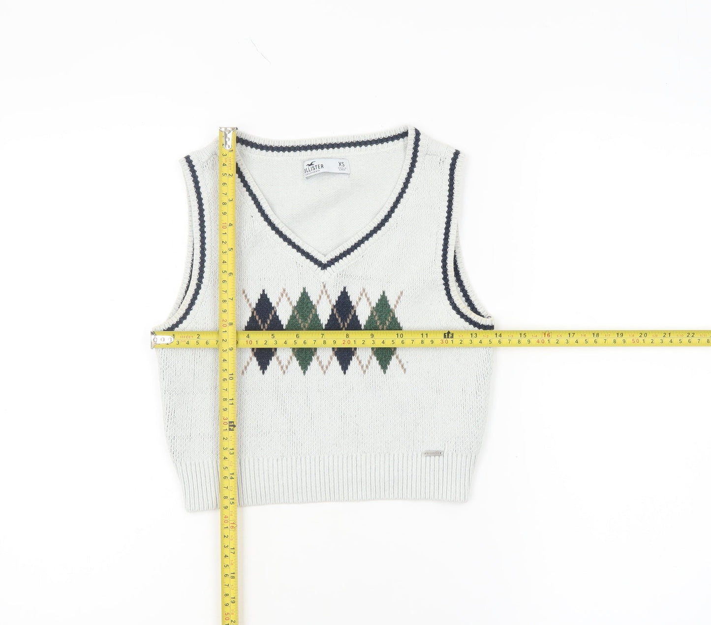 Hollister Women White Argyle Knit V-Neck Sleeveless Vest XS