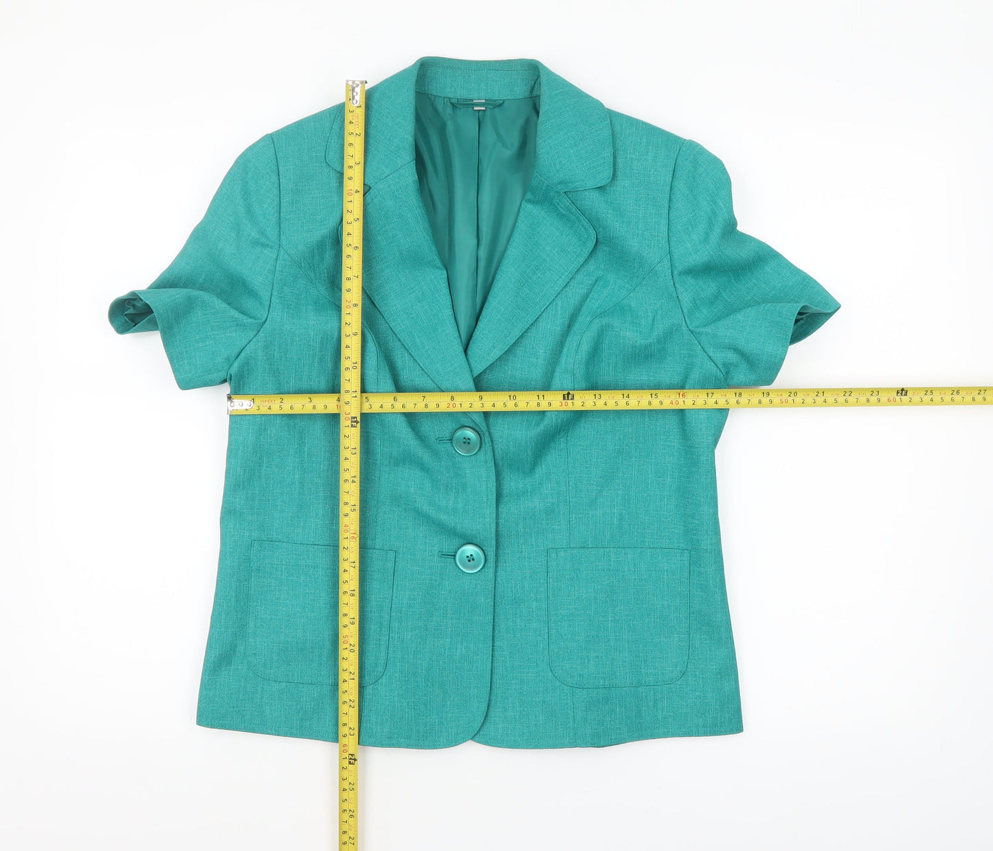 EWM Women's Green Size 12 Short Sleeve Two-Button Blazer