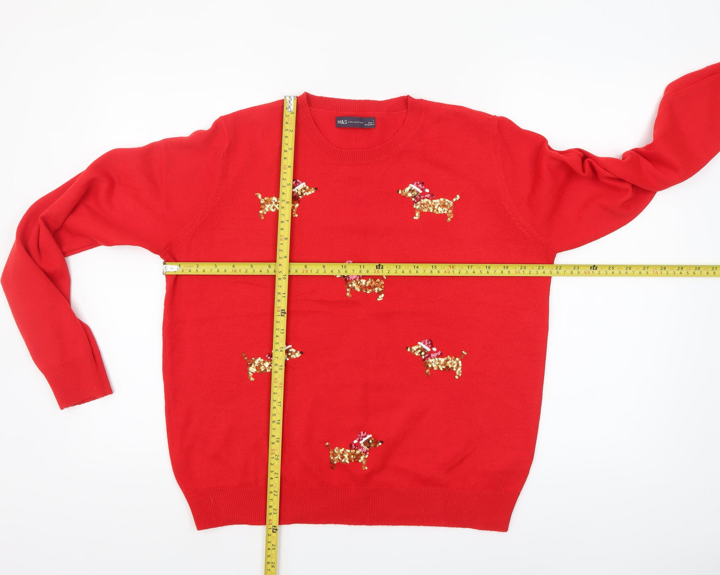 Marks and Spencer Womens Red Sequin Dog Christmas Jumper L