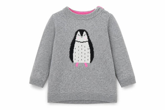 Joules Girls Grey Penguin Jumper 9-12 Months Cotton Wool Knit Winter