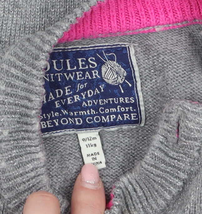 Joules Girls Grey Penguin Jumper 9-12 Months Cotton Wool Knit Winter
