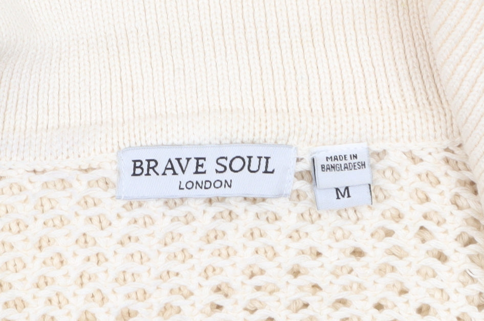 Brave Soul Women’s Beige Collared Open-Knit Short Sleeve Jumper M