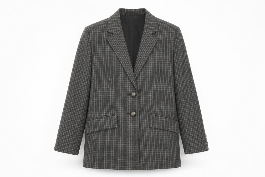 Front view of Jaeger Women's Grey Wool Checked Single-Breasted Blazer UK 8