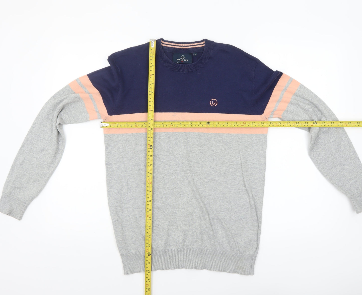Duck and Cover Men's Grey & Navy Striped Crew Neck Jumper Size S