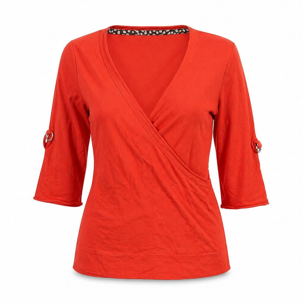 Laura Ashley Women’s Red Wrap Blouse UK 12 Cotton Jersey 3/4 Sleeve