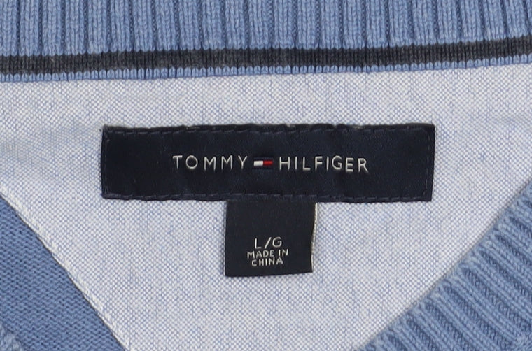 Tommy Hilfiger Men's Blue V-Neck Cotton Pullover Jumper Size L