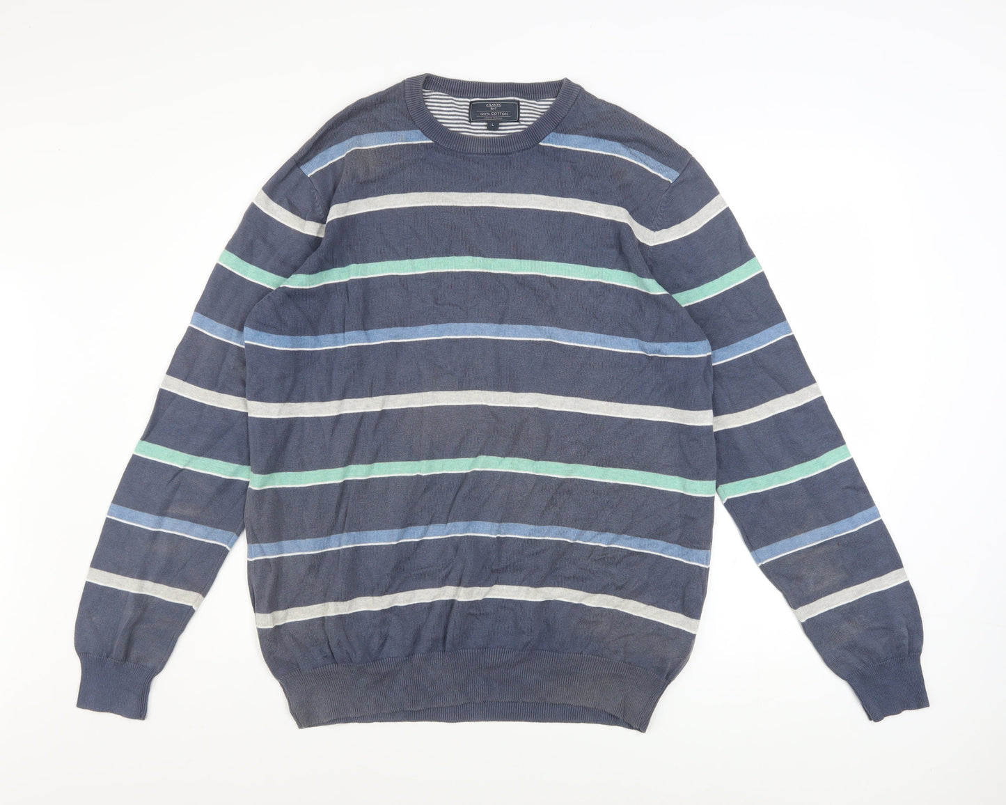 Atlantic Bay Men's Blue Striped Cotton Crew Neck Jumper Size L