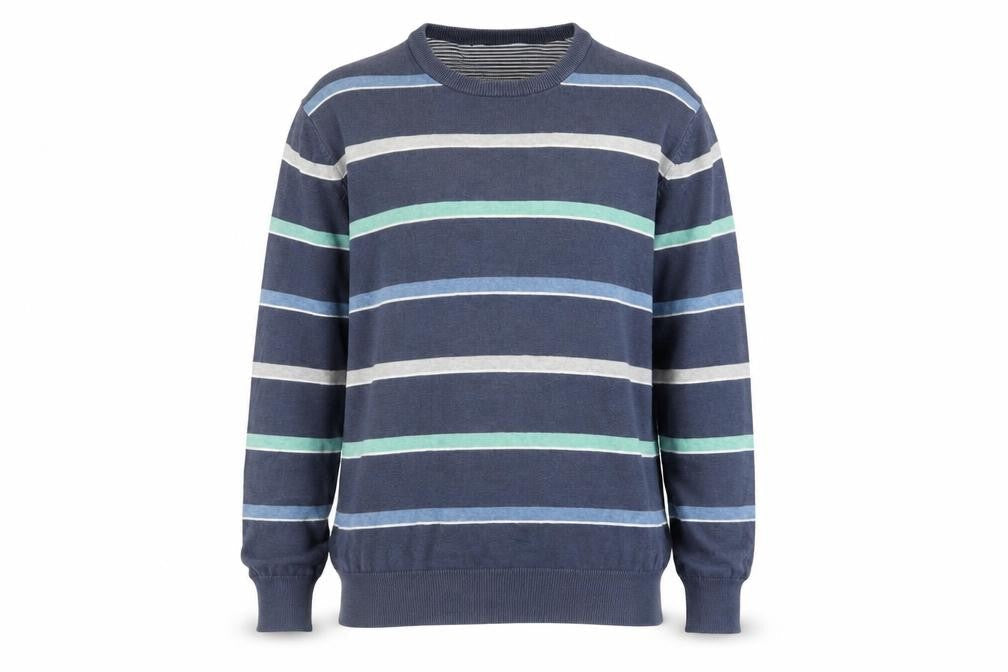 Front view of Atlantic Bay Men's Blue Striped Cotton Crew Neck Jumper, size L