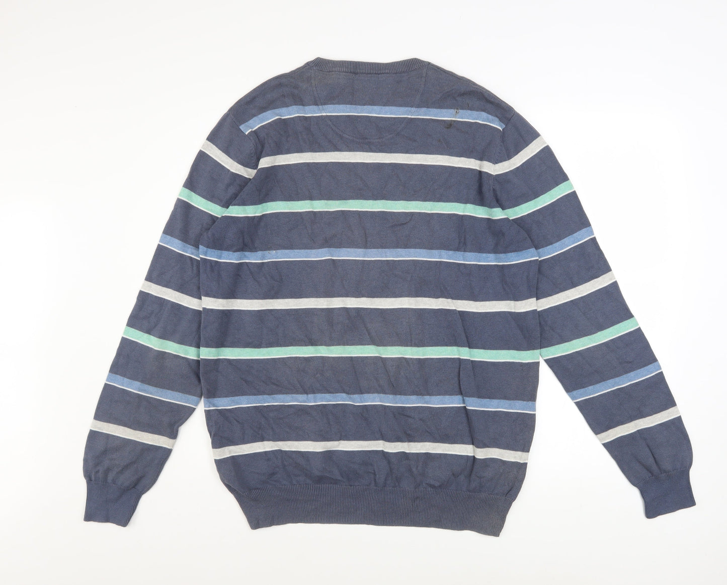 Atlantic Bay Men's Blue Striped Cotton Crew Neck Jumper Size L
