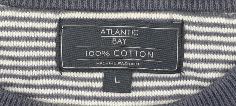 Atlantic Bay Men's Blue Striped Cotton Crew Neck Jumper Size L