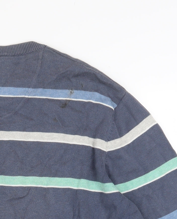 Atlantic Bay Men's Blue Striped Cotton Crew Neck Jumper Size L