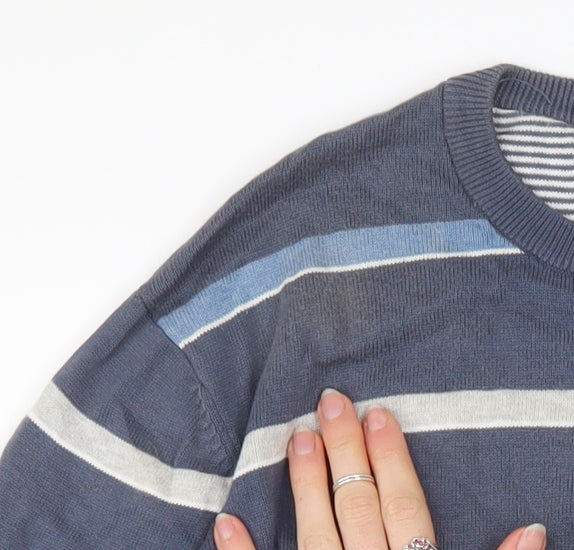 Atlantic Bay Men's Blue Striped Cotton Crew Neck Jumper Size L