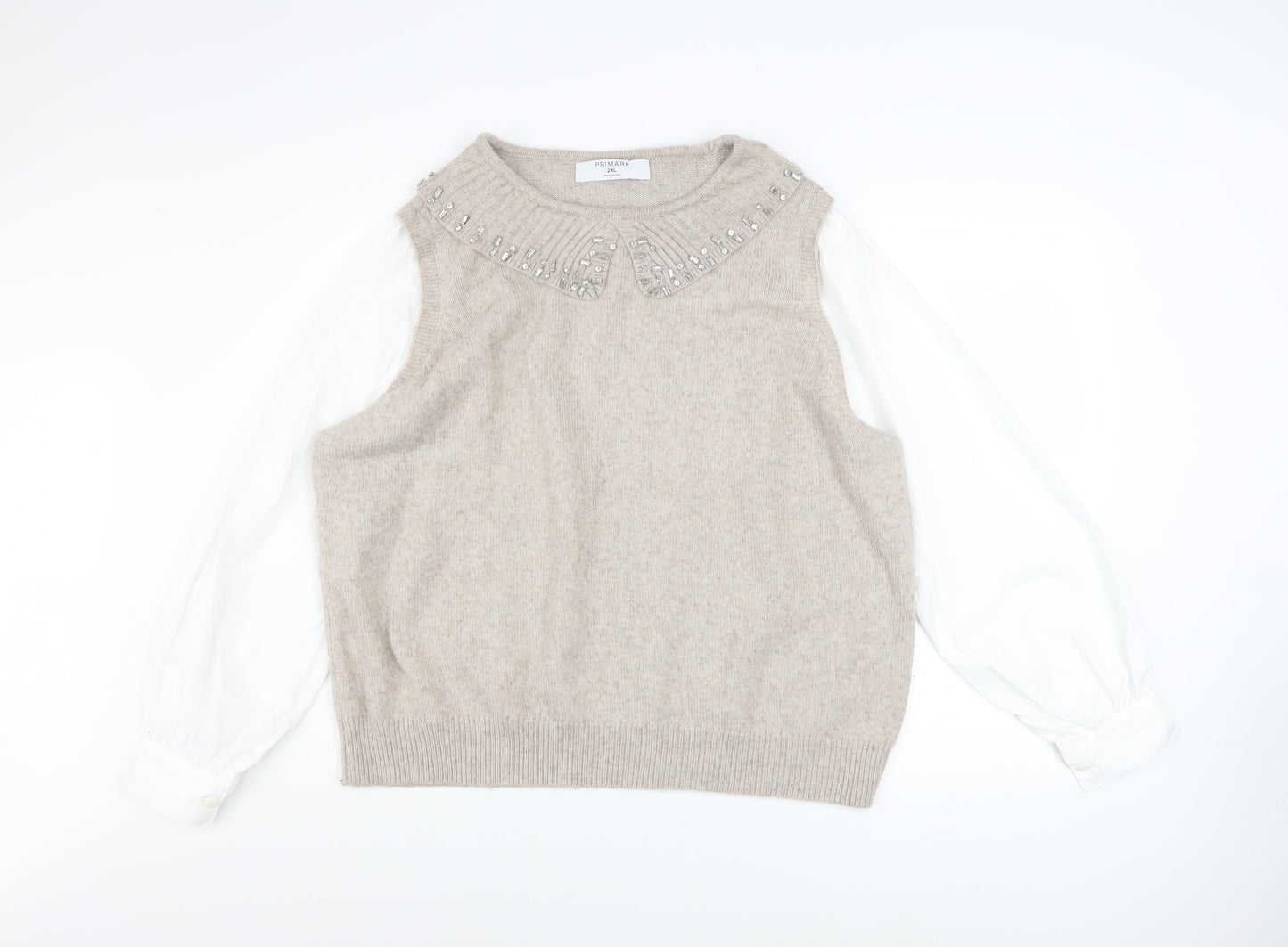 Primark Women Beige Beaded Crew Neck Pullover Jumper 2XL