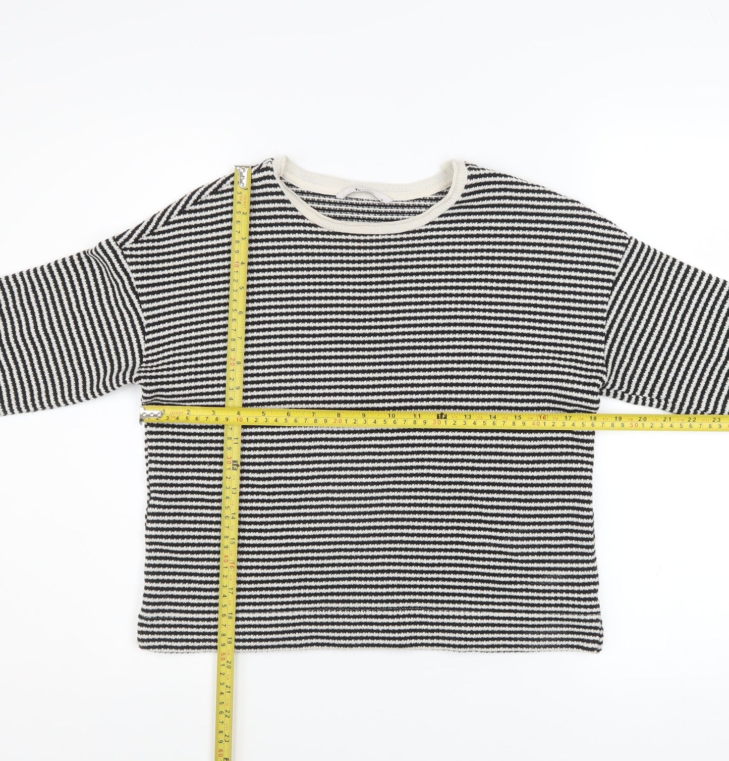 Tu Womens Black Striped Crew Neck Knit Jumper Size 8