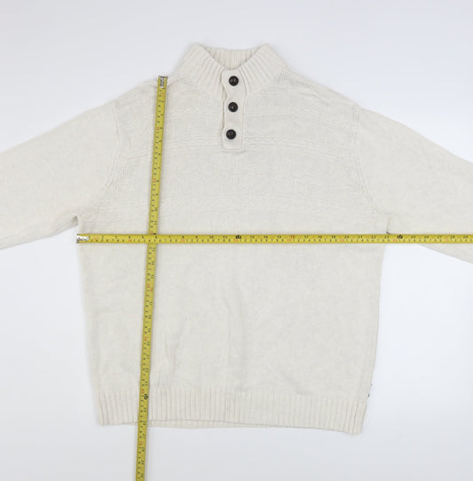 Chaps Men Ivory Cotton Henley Jumper L High Neck Button Knit Top