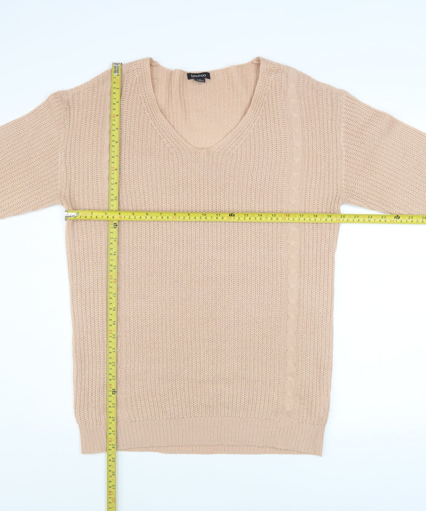 Boohoo Women Beige V-Neck Cable Knit Pullover Jumper Size M