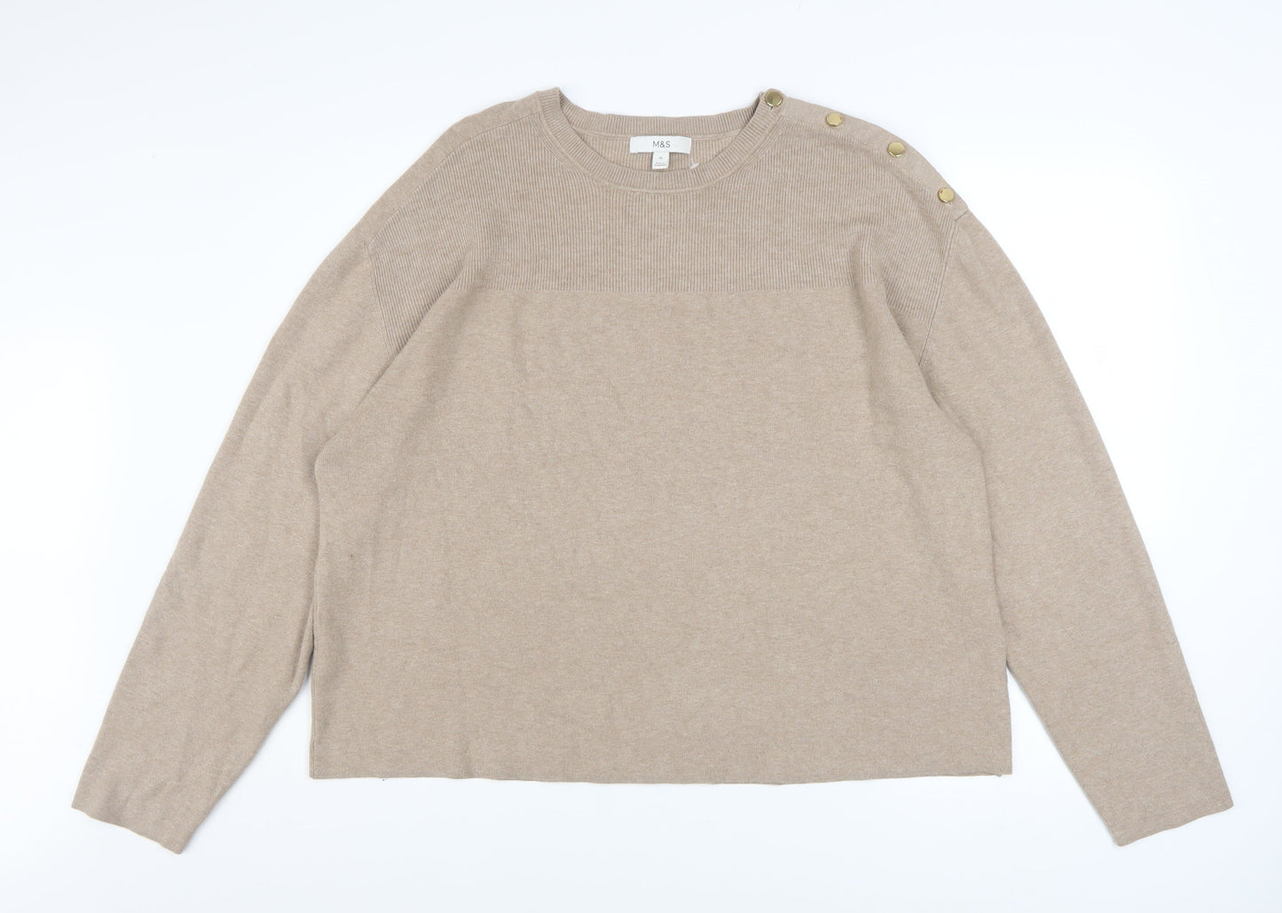 Marks and Spencer Womens Beige XL Button Shoulder Crew Neck Jumper