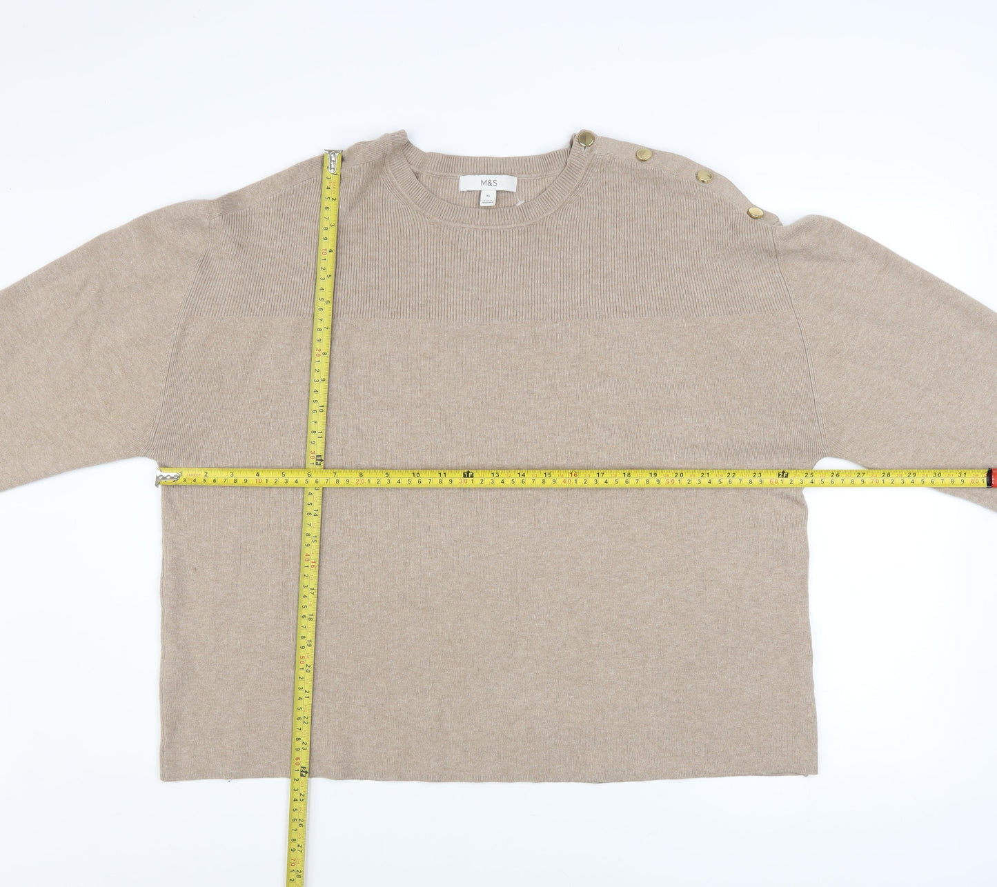 Marks and Spencer Womens Beige XL Button Shoulder Crew Neck Jumper