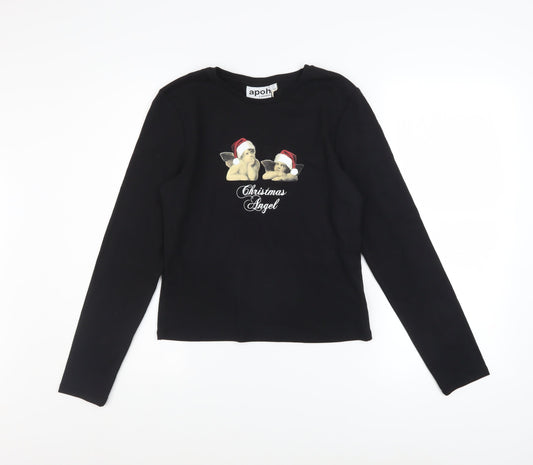 apoh London Women's Black Christmas Angel Long Sleeve Cotton T-Shirt Size 14