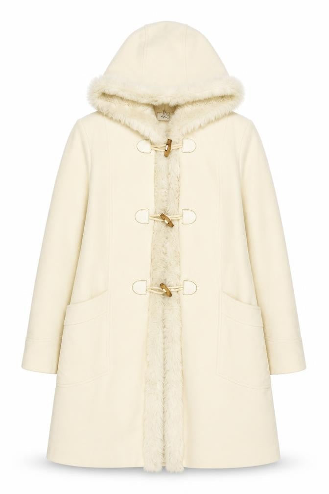 LOOK Women Ivory Wool Blend Faux Fur Trim Hooded Duffle Coat Size 14