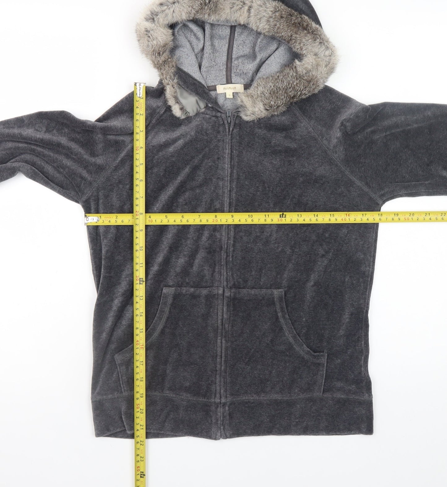 HushHush Women Grey Faux Fur Trim Full Zip Velour Hoodie Size 10