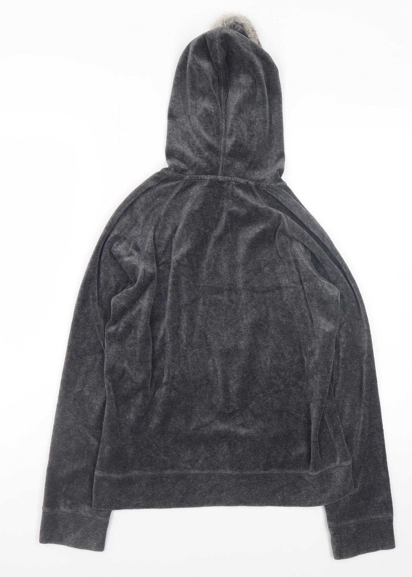 HushHush Women Grey Faux Fur Trim Full Zip Velour Hoodie Size 10