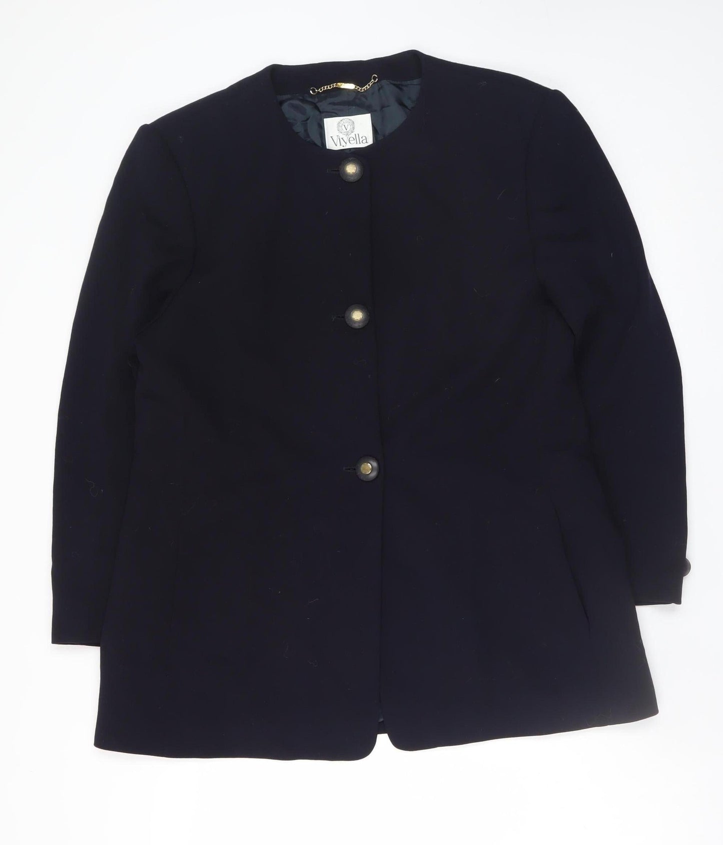 Viyella Women's Black Wool Blend Collarless Mid-Length Jacket UK 16