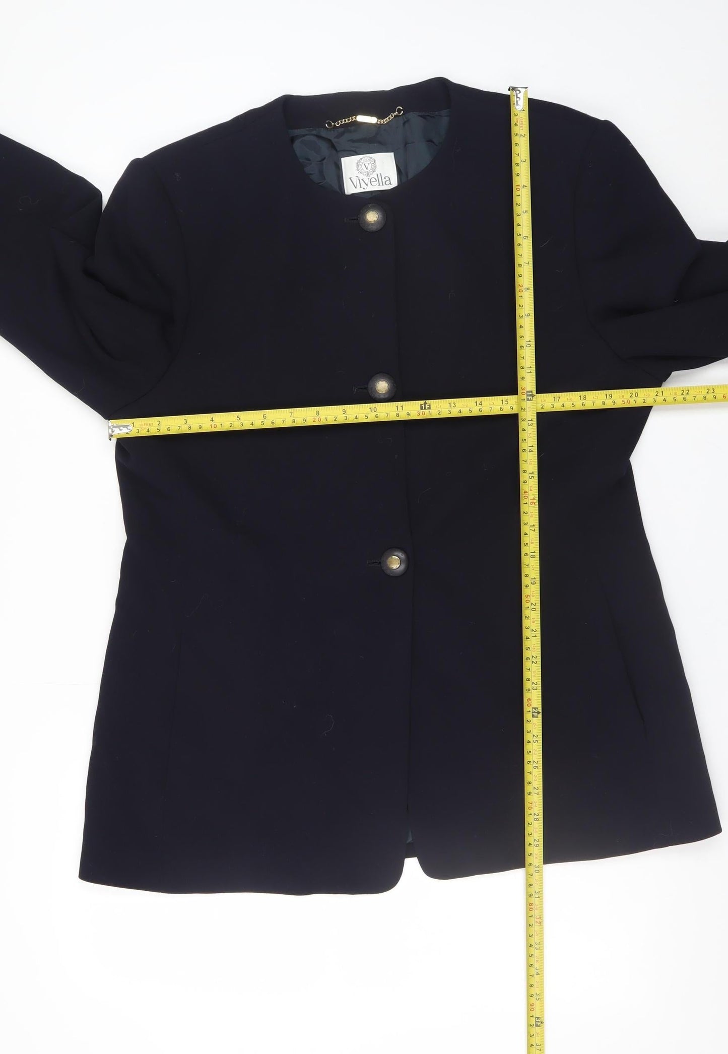 Viyella Women's Black Wool Blend Collarless Mid-Length Jacket UK 16
