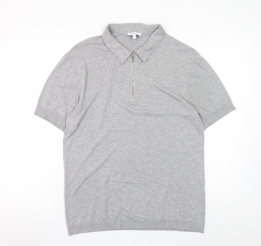 Reiss Men's Grey Collared Half Zip Cotton Jersey T-Shirt Size L
