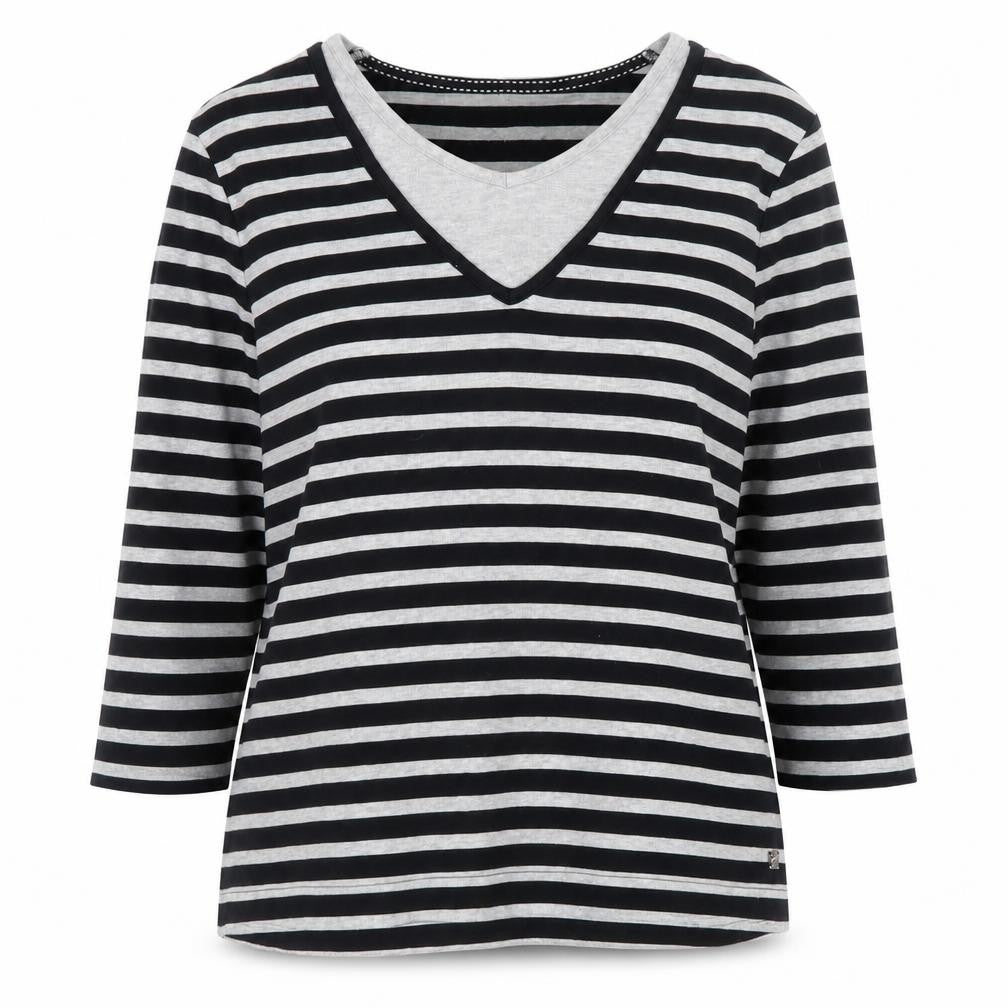 Dash Womens Black Striped 3/4 Sleeve V-Neck Cotton T-Shirt Size 14