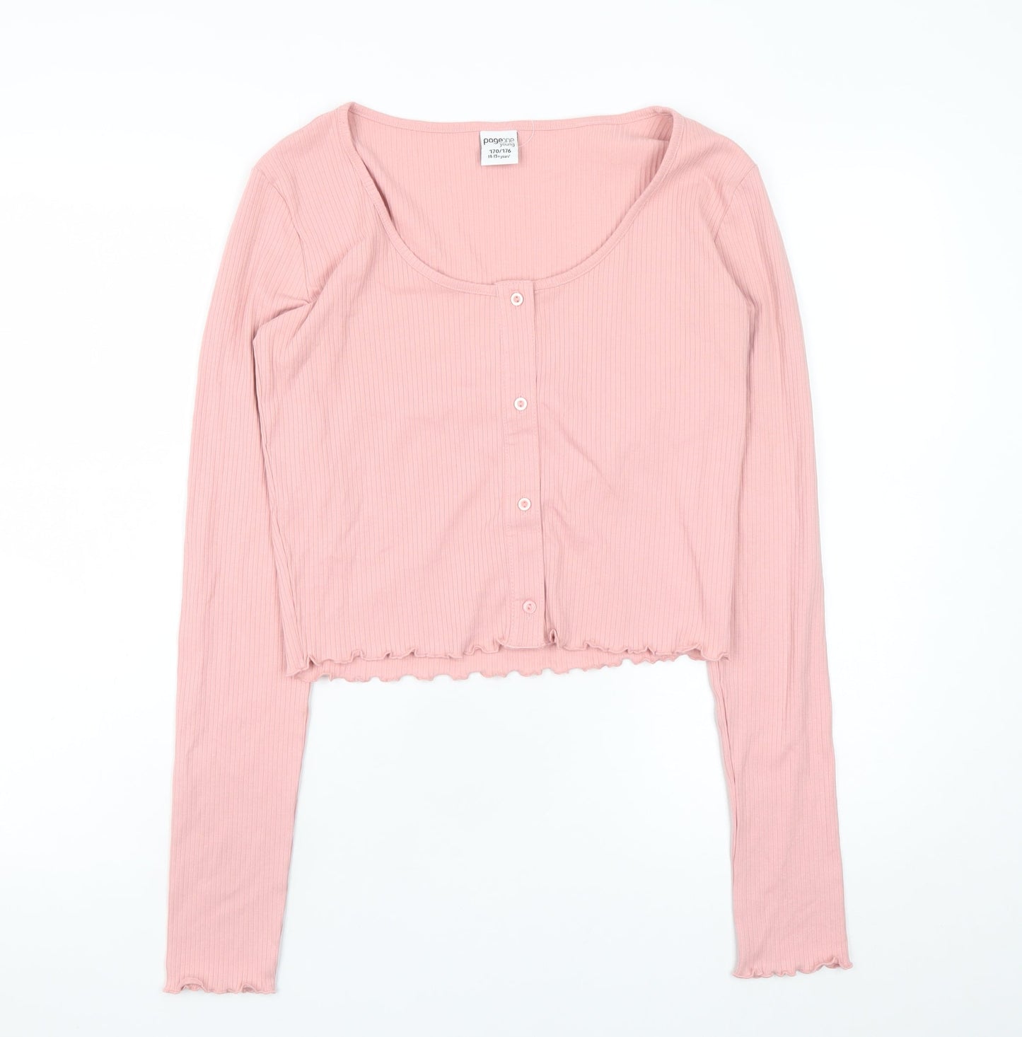 Page One Young Teens Pink Cropped Long Sleeve Button-Up Top Size L