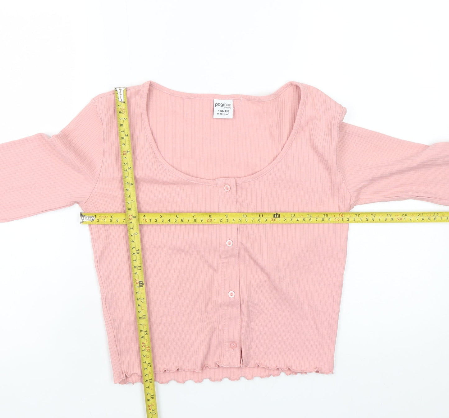 Page One Young Teens Pink Cropped Long Sleeve Button-Up Top Size L