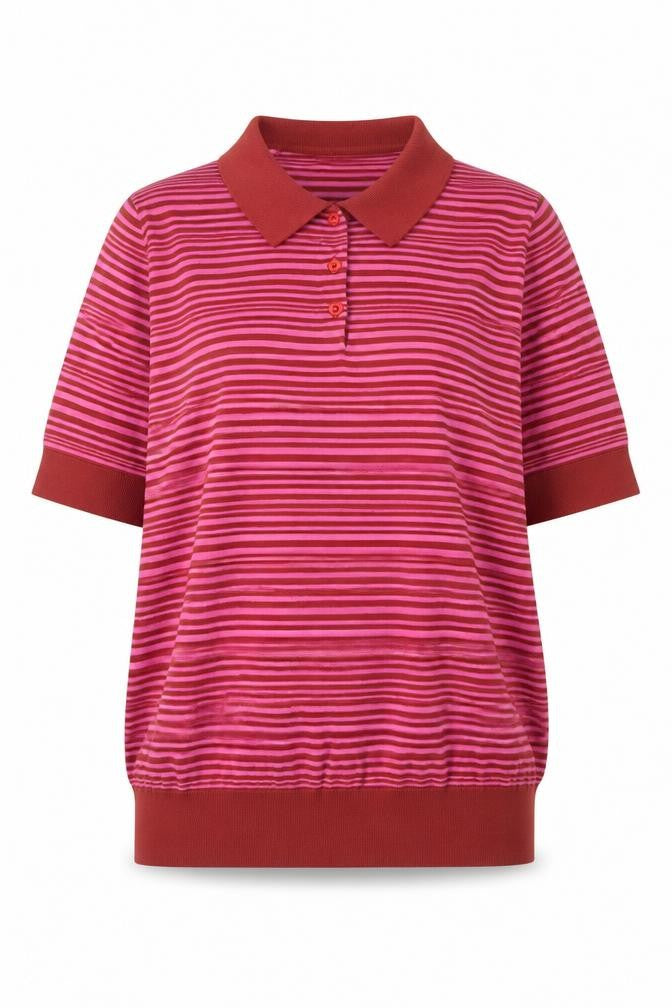 John Smedley Women's Red Striped Sea Island Cotton Polo Top L