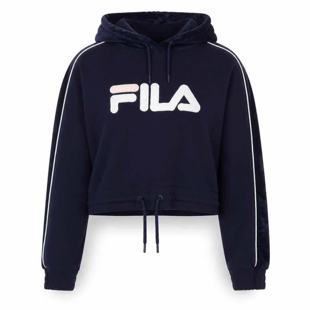 Front view of Fila women’s navy blue cropped hoodie, size UK 12, m logo drawstring pullover