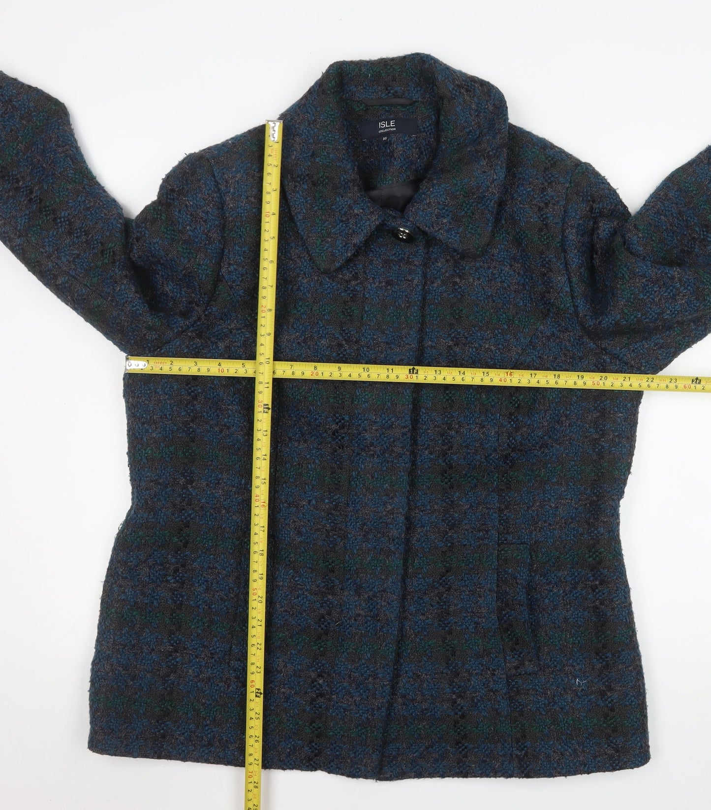 Isle Collection Women's Blue Check Wool-Blend Mid-Length Coat Size 16