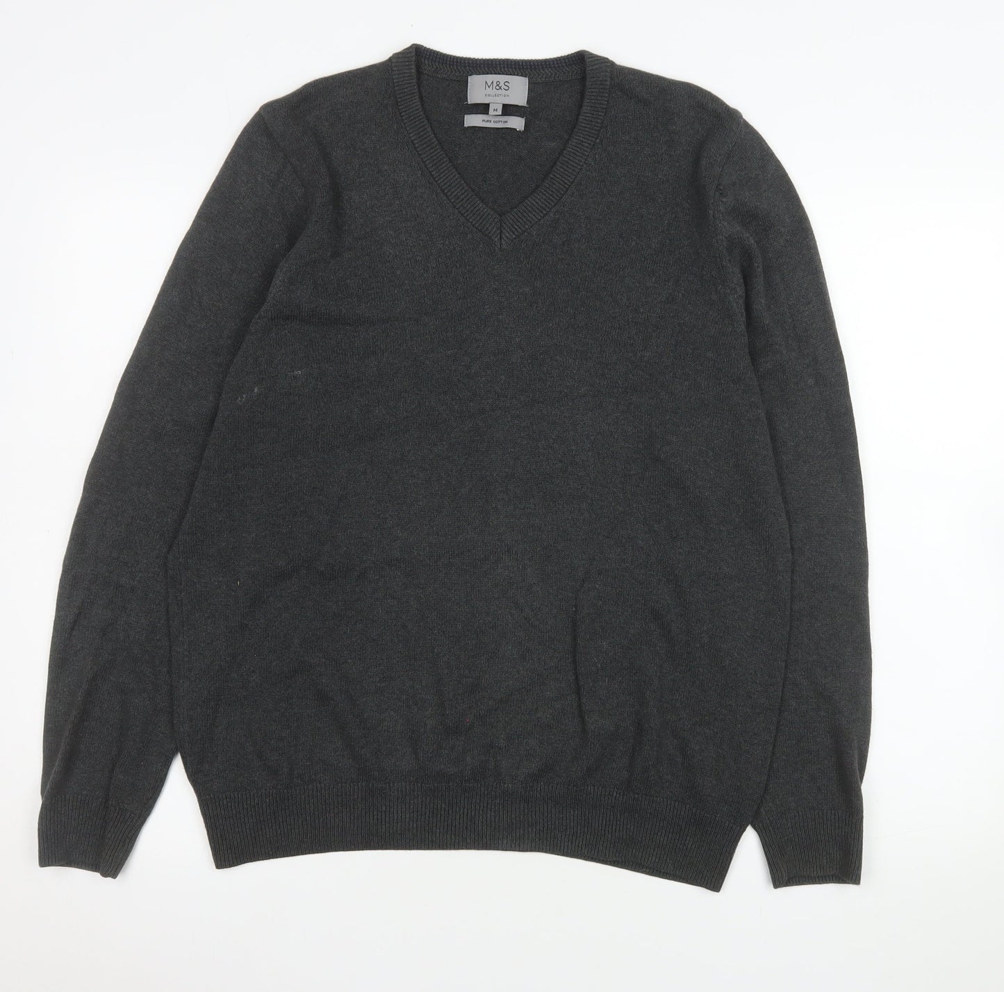 Marks and Spencer Men's Grey Cotton V-Neck Jumper M