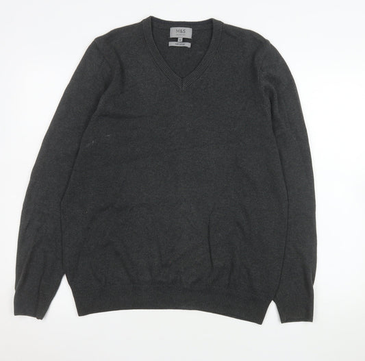 Marks and Spencer Men's Grey Cotton V-Neck Jumper M