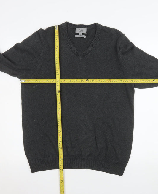 Marks and Spencer Men's Grey Cotton V-Neck Jumper M